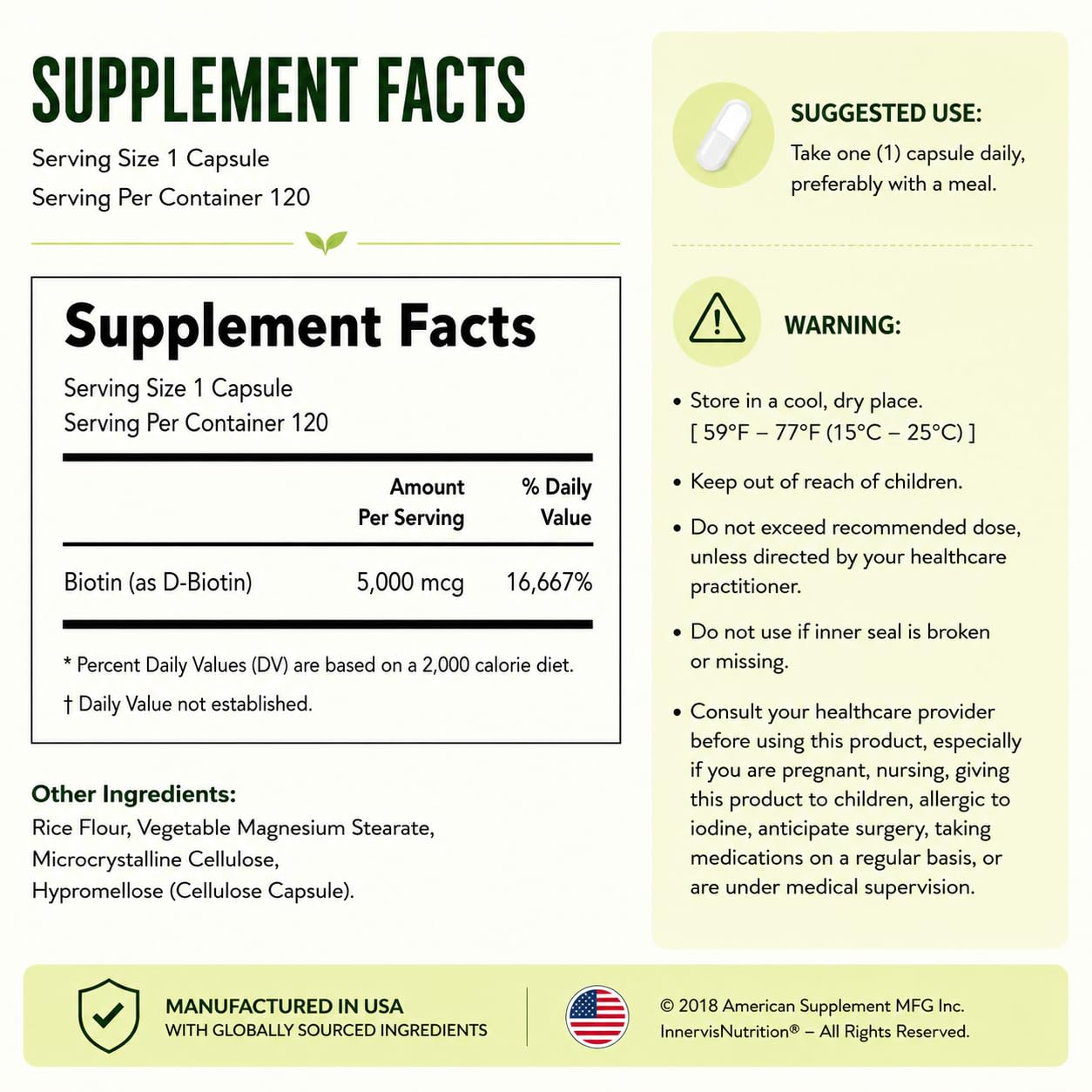 Biotin 5000 mcg Supplement, Vitamin B7, Hair Skin & Nails, 120 Capsules — Amazon image 8