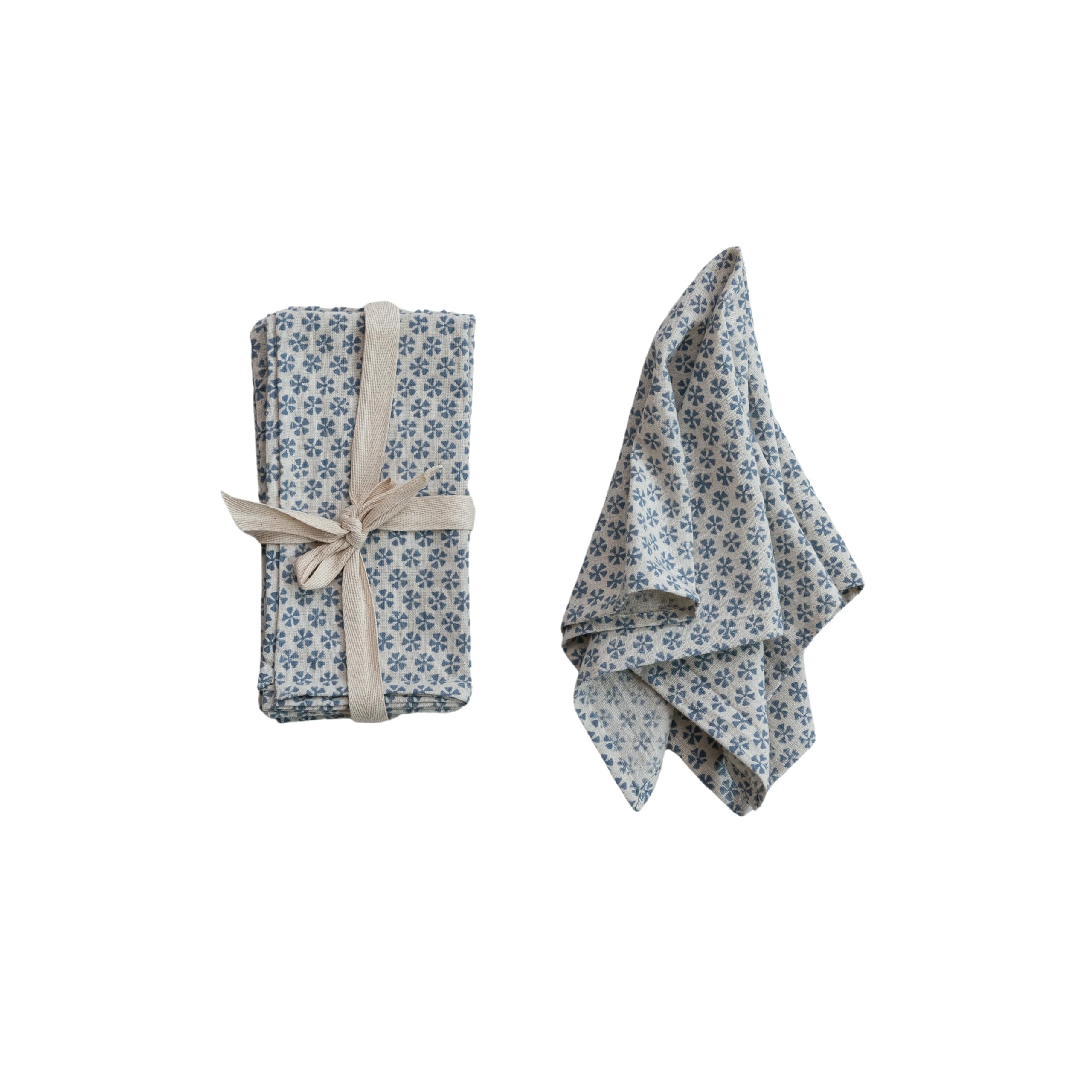 Creative Co-Op Patterned Cotton and Linen Napkin Set, Blue, Set of 4