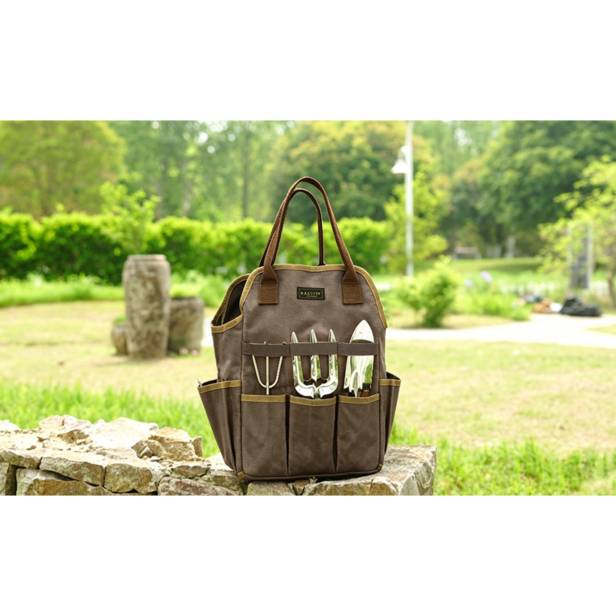 Bolsa de lona para herramientas de jardín, lona encerada de 16 onzas, bolsa de almacenamiento de herramientas de jardín, con 3 ranuras interiores y 8 bolsillos exteriores, bolsa organizadora de