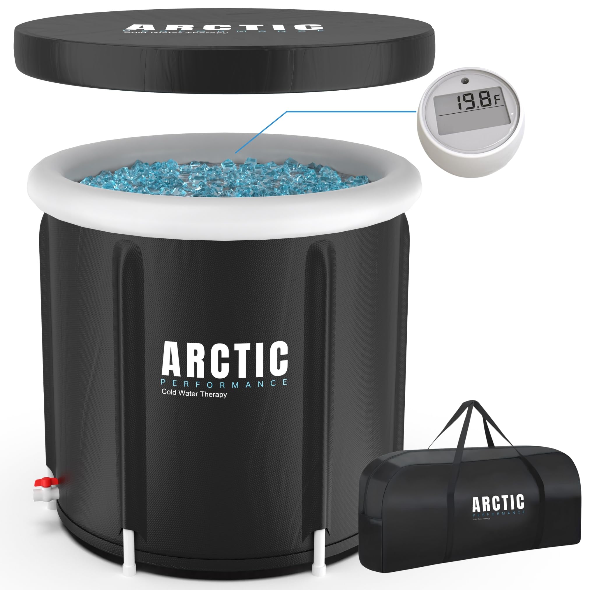 Arctic Performance® Ice Bath Tub for Recovery – 400L XL Portable Cold Water Therapy Tub for Athletes – 5-Layer Insulated Cold Plunge Pool with Thermo-Tech Thermometer & Bag – Outdoor Black