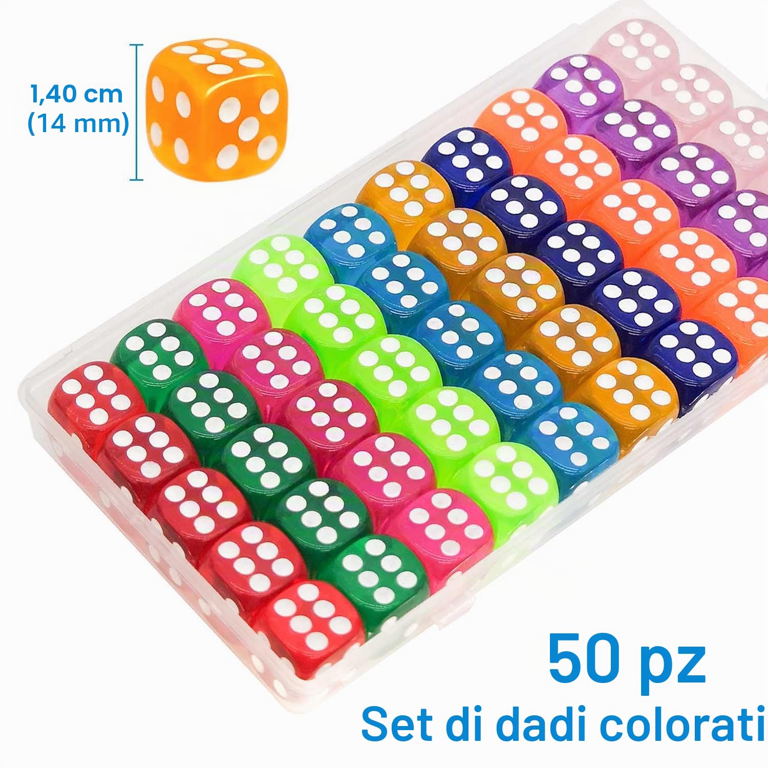 50 Pezzi 14MM Dadi da Gioco Standard con Scatola di Plastica Portatile, 10 Colori Traslucidi per Giochi da Tavolo, Set di Dadi D6, Colori Acrilici Dadi Per Giochi, Matematica