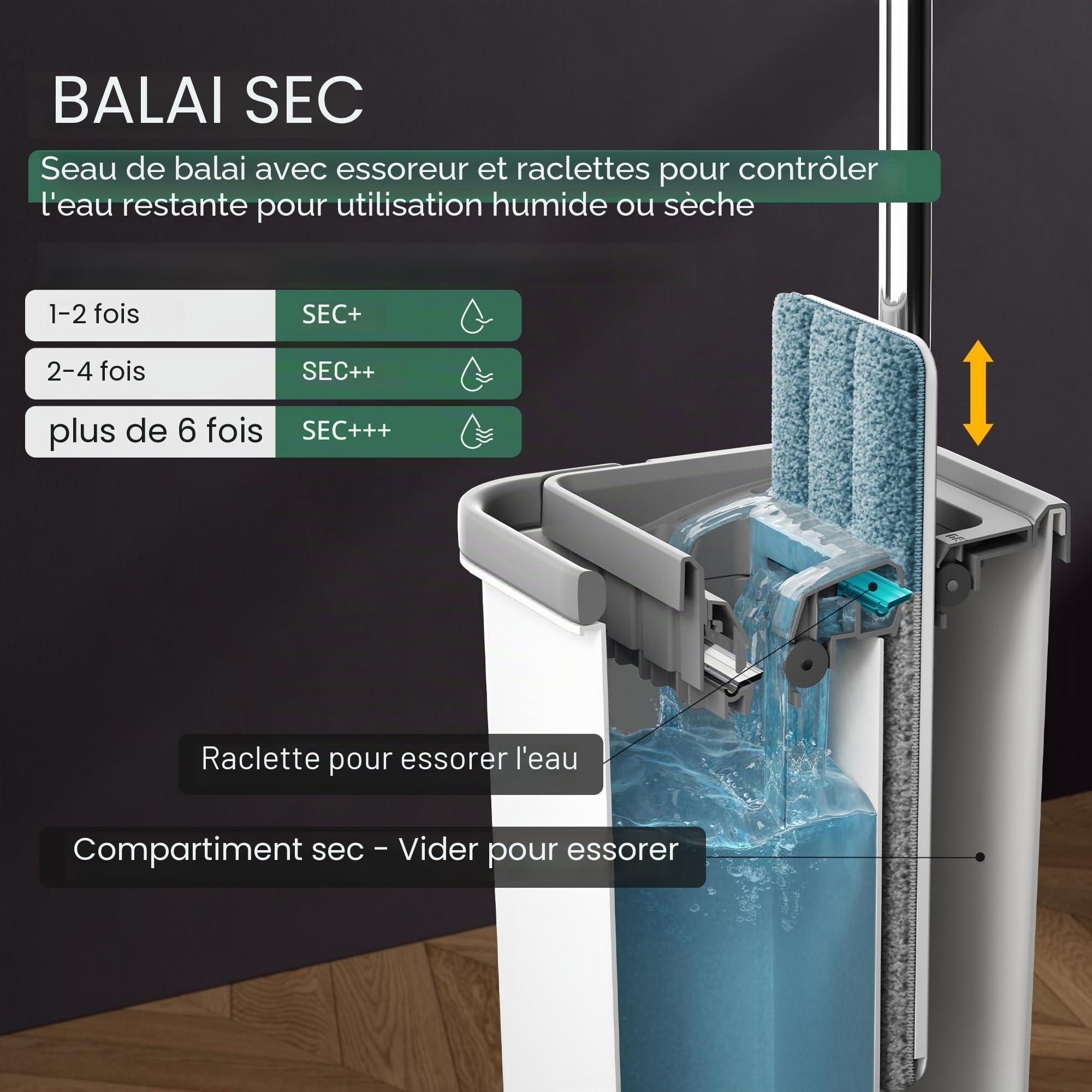 JOYMOOP – Serpillère Plate avec lingette en Microfibre et Seau avec essoreur, avec Long Manche, Utilisation Humide ou sèche, Nettoyage du Sol