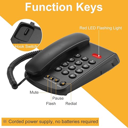 Miniatura 2 de Uvital Teléfono con cable para teléfono fijo, teléfono fijo negro, teléfono fijo con cable, teléfono de escritorio para el hogar, oficina,