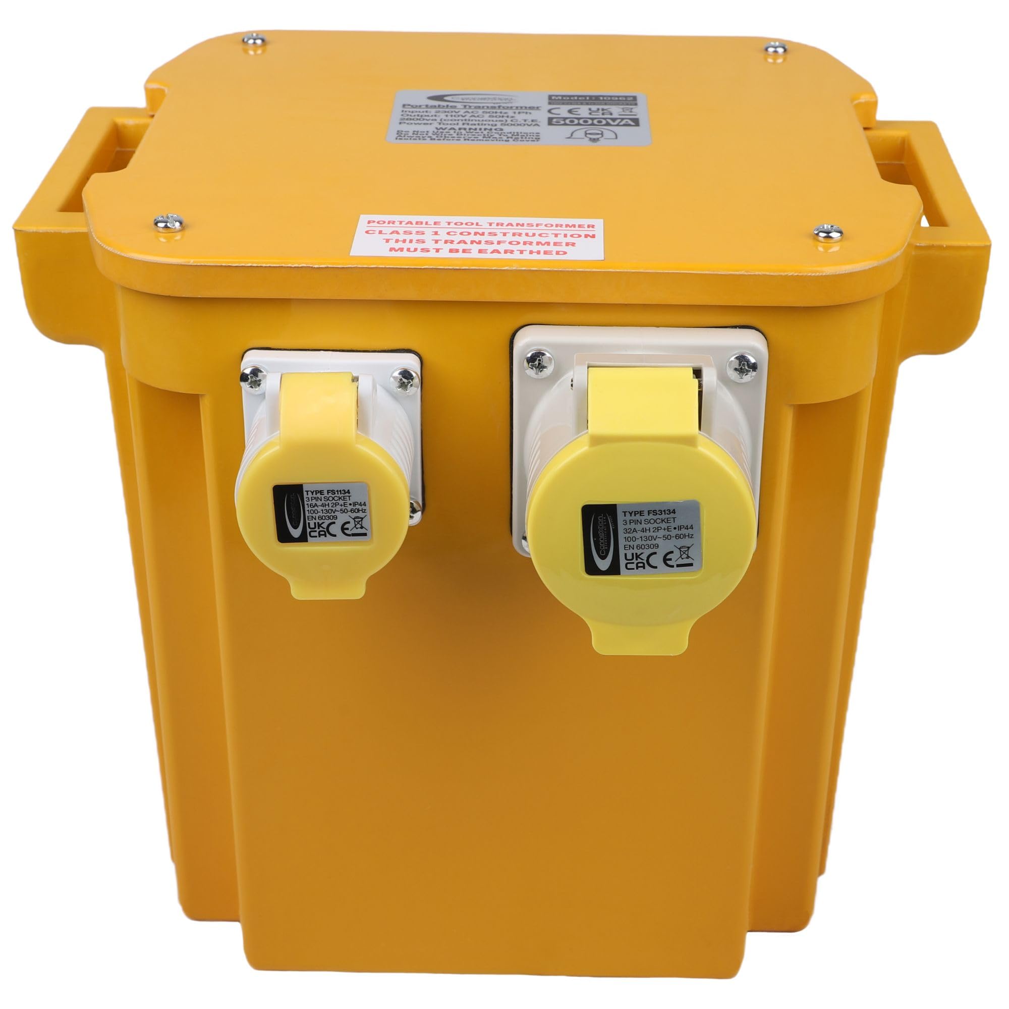 5kVA Portable Site Transformer 110V with 2x 16 Amps and 1x 32 Amps Outlets, 13 Amp UK Fused Plug, Intermittent Rating 5000VA IP44 Rated