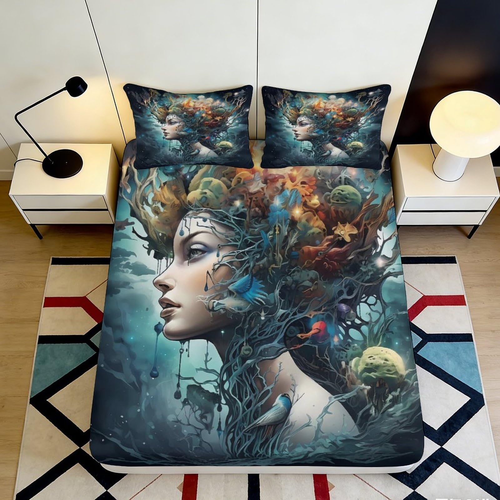 3D Printed Fantasy Forest Fitted Sheet Microfiber Soft Breathable Dream Tree Mattress Cover for Bedroom Dorm Decor 140x200x25cm