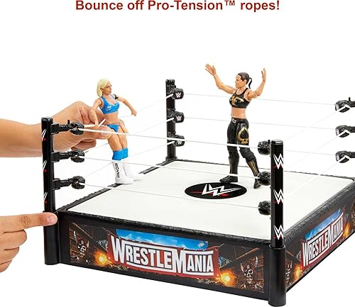 Miniatura 6 de Mattel WWE Superstar Anillo de 14 pulgadas con alfombrilla con resorte, 4 calcomanías para delantales de eventos y cuerdas de tensión profesional