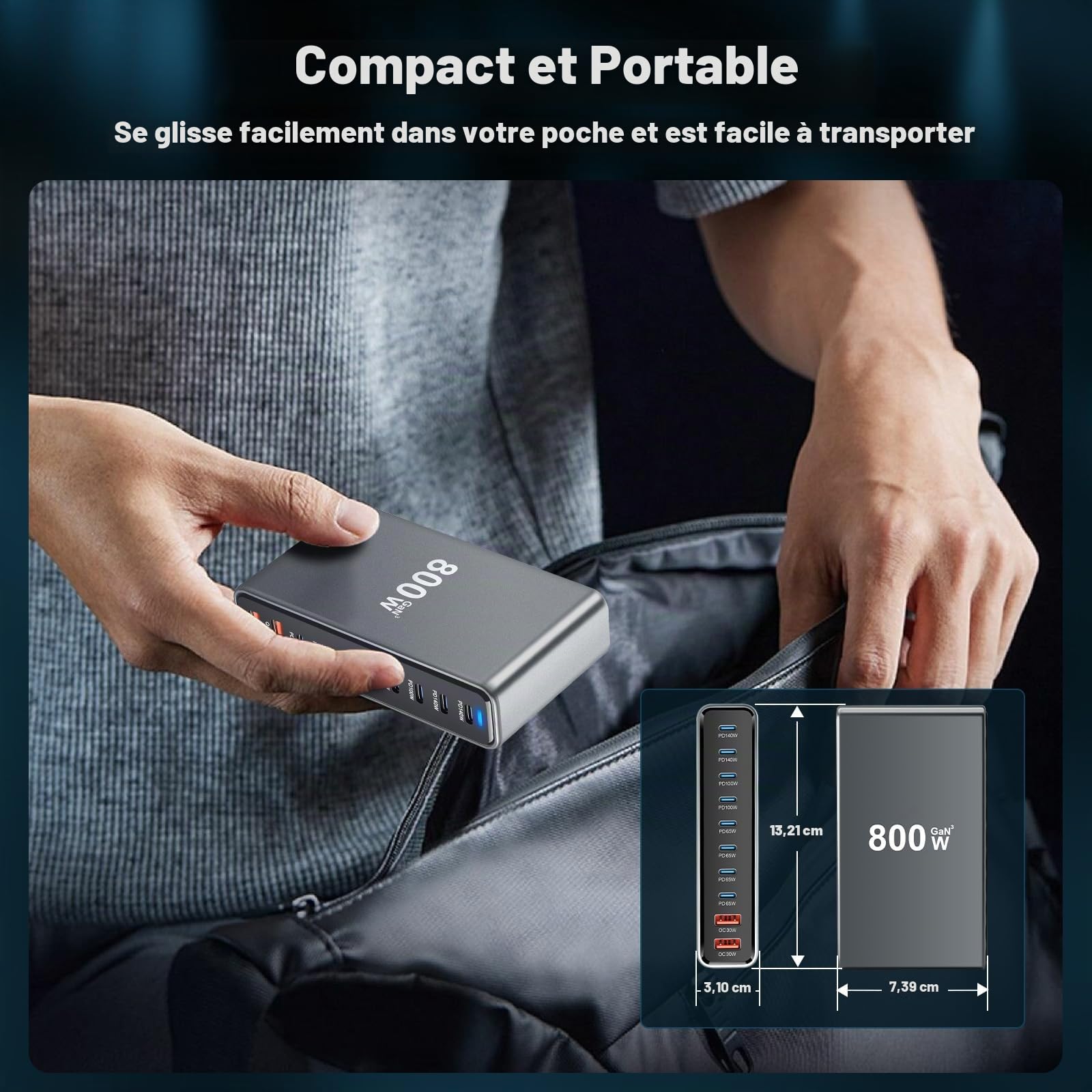Chargeur USB C Multiple 800 W, Chargeur Rapide PD 140 W 100 W 65 W, Station de Recharge 10 Ports Chargeur GaN-III avec 8 Ports USB-C et 2 Ports USB-A pour MacBook iPad Pro/Air, iPhone 16 15 Pro Max