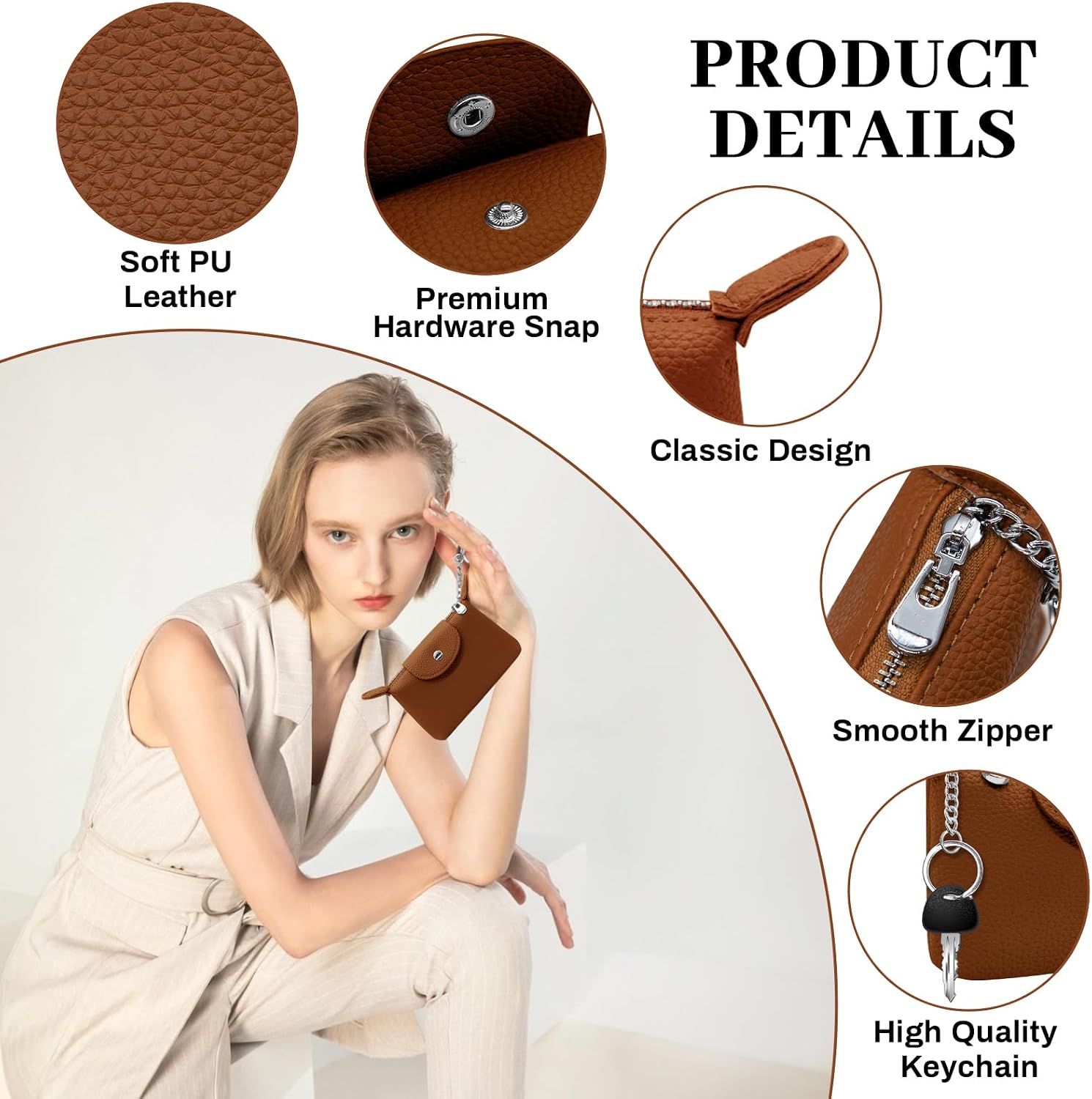 LJCZKA Coin Purse for Women Small Leather Pouch Card Holder with Zipper Fashion Classic Coin Wallet with Keychain (Brown)