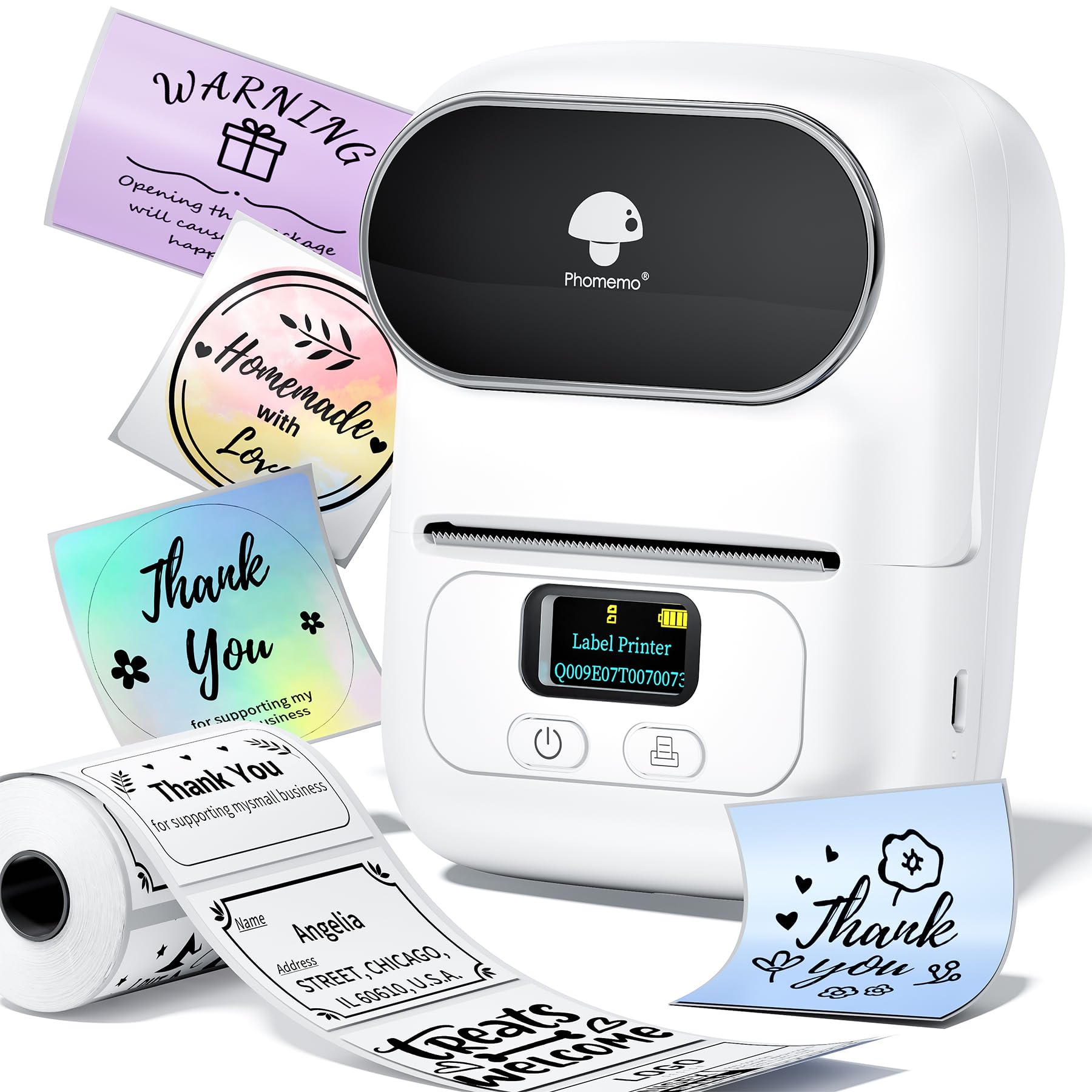 Phomemo M110 Label Makers - Portable Bluetooth Thermal Label Maker Machine,Label Printer for Name, Barcode, Clothing, Jewelry, Retail, Mailing, for Android & iOS, with 1Pack 40×30mm Label, White