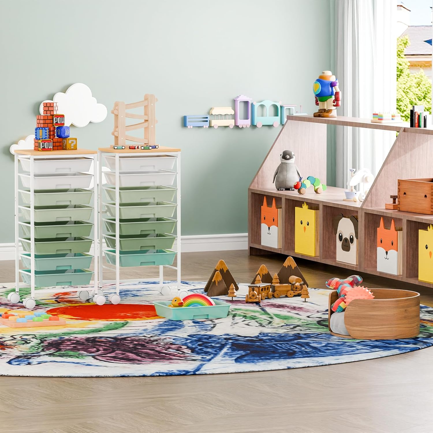 Rolling Cart with 8 Drawers, Storage Drawers Cart with Wooden Tabletop and Lockable Wheels, Utility Cart for Living Room, Office, Classroom, Craft Room, Green