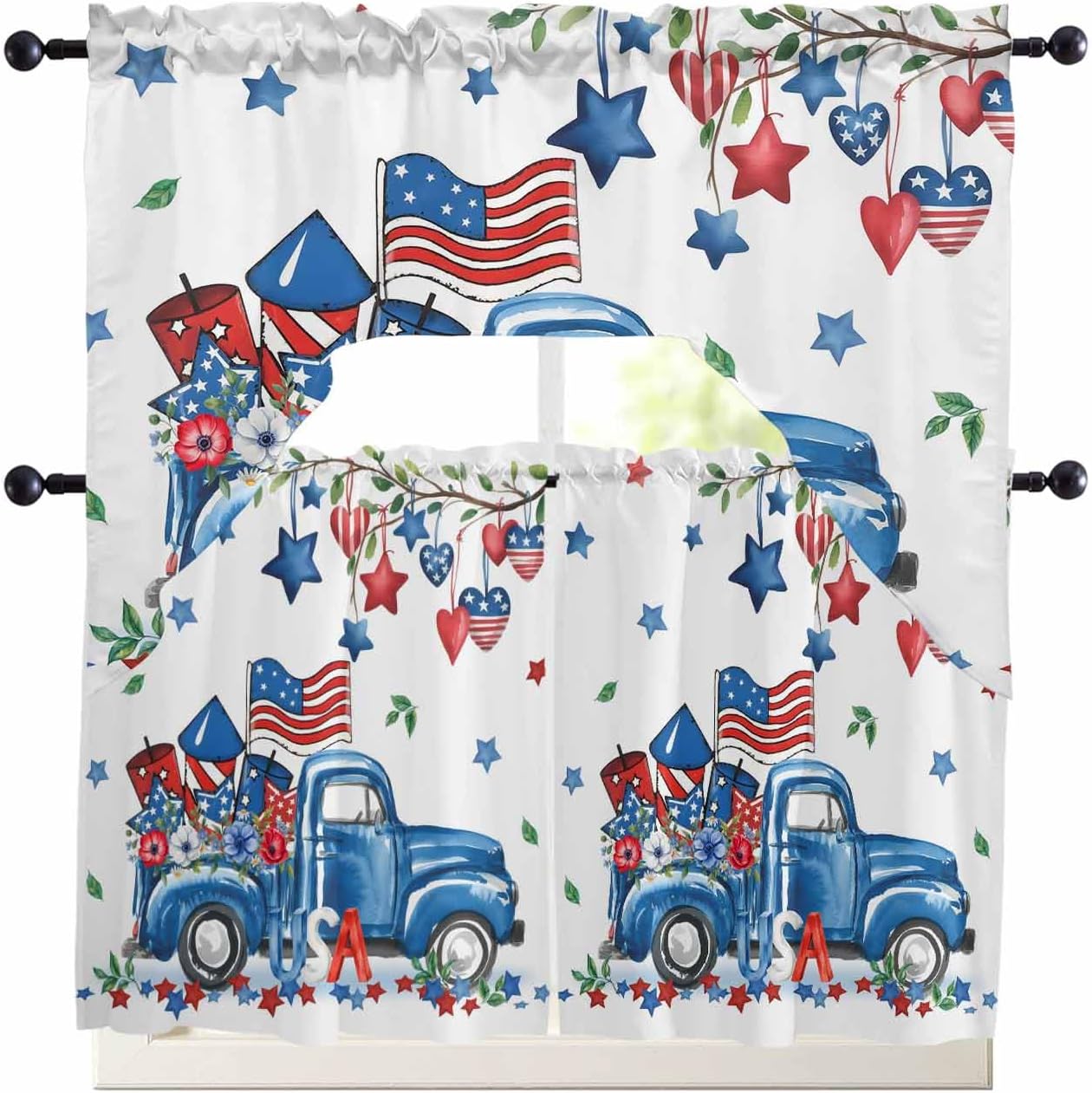 Independence Day Kitchen Curtains and Valance Set,Farmhouse American Flag Truck Star Love Short Swag Tier Curtain 24 Inch Length for Cafe Living Room Bedroom Bathroom 3Pcs Rod Pocket Window Drapes