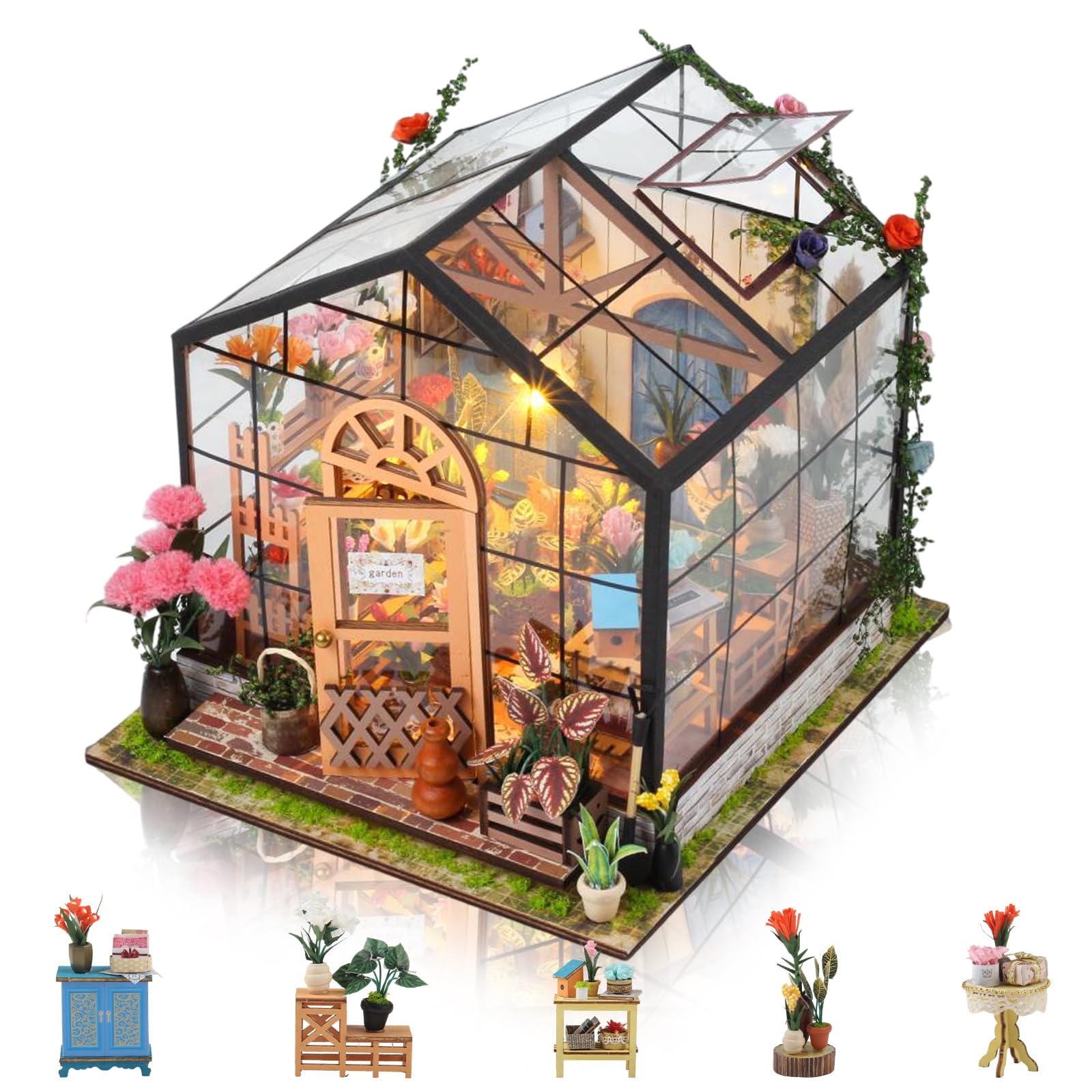 RYAN Invernadero En Miniatura De Madera Con Luz LED – Kit DIY Para Montar Casa De Muñecas Con Paredes Transparentes – Regalo Original Para Adultos Y Adolescentes