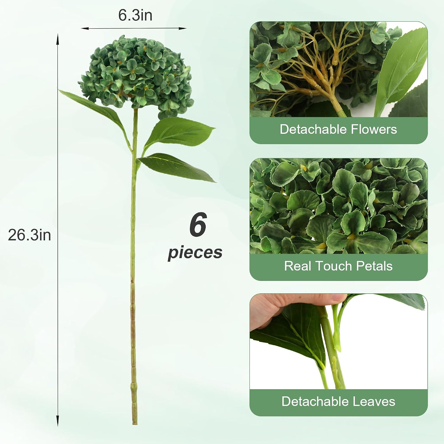 6pcs Artificial Hydrangea Flowers, 22.8" Tall Faux Hydrangea Stems with 7" Large Bloom Heads, for Home Decor, Wedding Centerpieces & Fall Arrangements (Green)