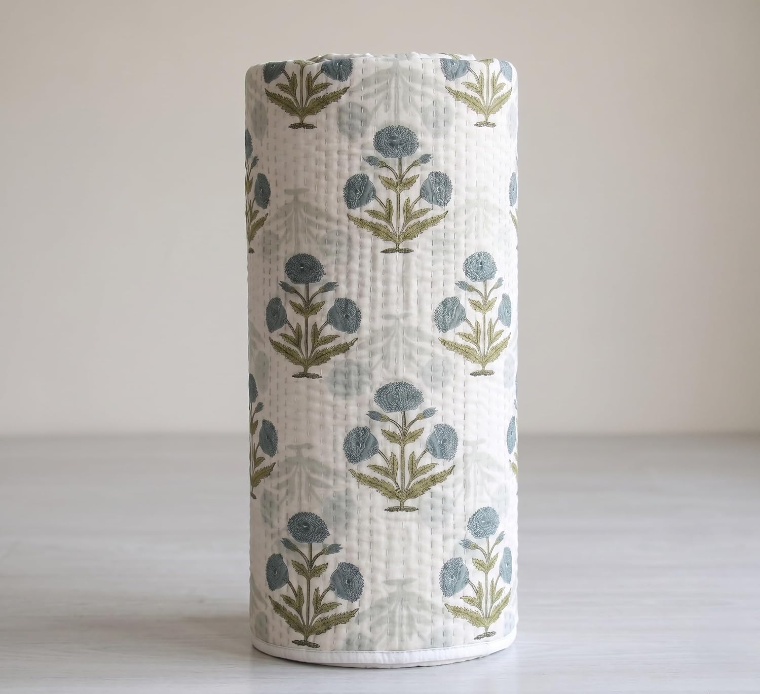 Hand Block Printed Blue Green Floral Baby Quilt 40x60 Inches, Cotton Kantha Throw with Solid Back, Mughal Buta Soft Toddler Blanket, Handmade Indian Crib Bedding, Single Sided Light Comforter