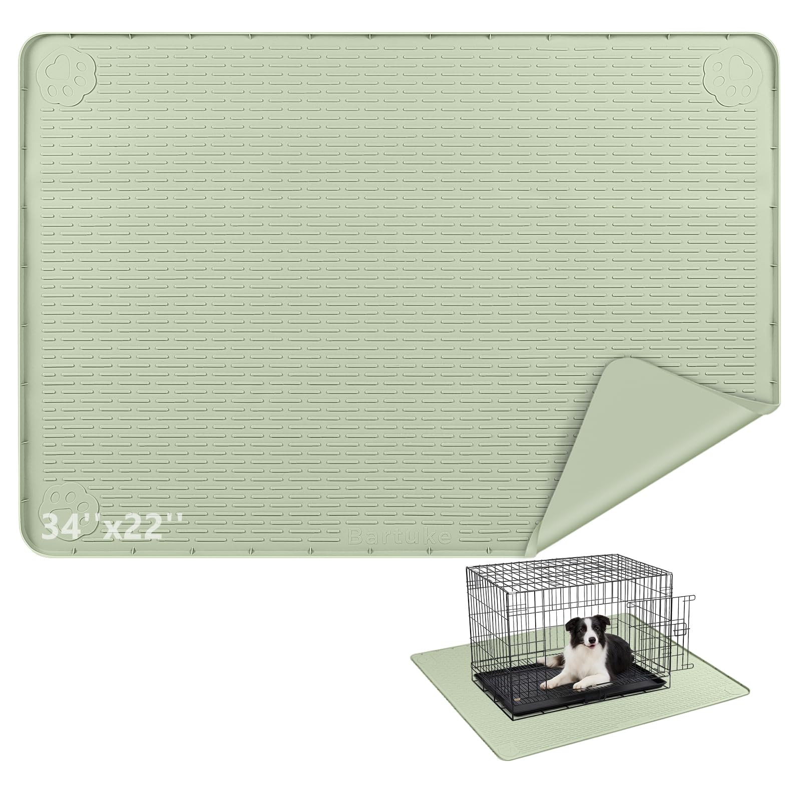 Bartuke Silicone Dog Crate Mat, Under Dog Crate Kennel Pad with Raised Edge, Washable Dogs Bed Mat, Waterproof, Leakproof, Protect Floors (Green, 34''x22'') โ image 1