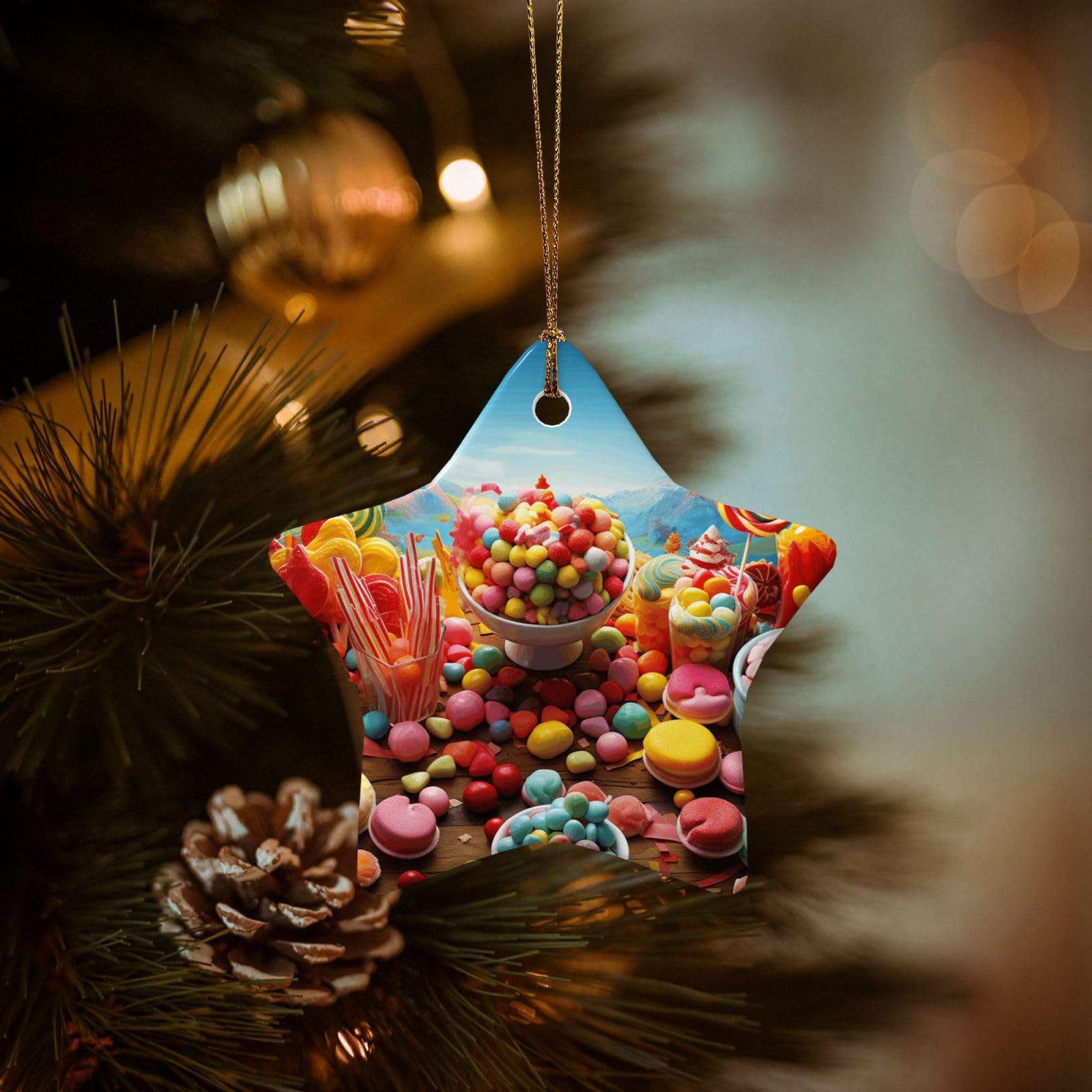 Christmas Ornaments for Christmas Tree Decoration Hanging Candy Poster Ornament with Gold Ribbon Crafts Star Shape Ceramic Pendant for Keepsake Gifts Xmas Decor Party Supplies