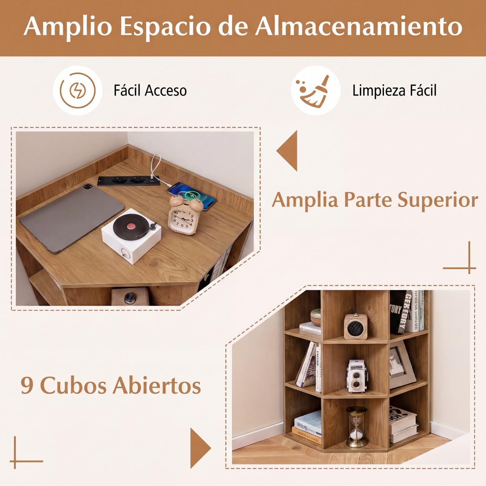 COSTWAY Armario Esquinero con Estación de Carga, Mueble Esquinero de 3 Niveles, 9 Cubículos, Mueble Esquina Dormitorio Salon Cocina, 51 x 71,5 x 86 cm (Natural)