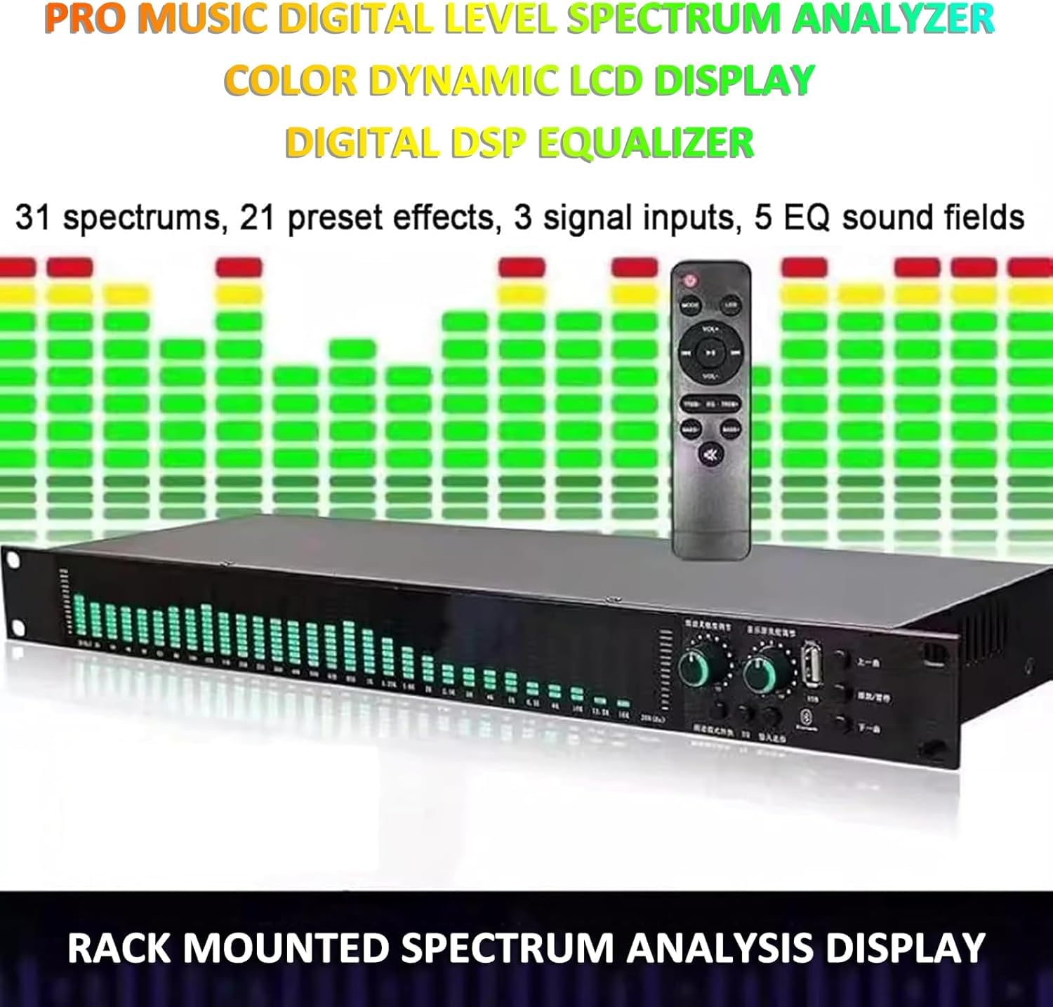 Ecualizador Digital De 31 Bandas, Ecualizador De Audio Gráfico Estéreo, con Pantalla De Espectro Led, 21 Efectos Preestablecidos, Ajuste De Graves/Medios/Agudos, Montaje En Rack De 1u, para