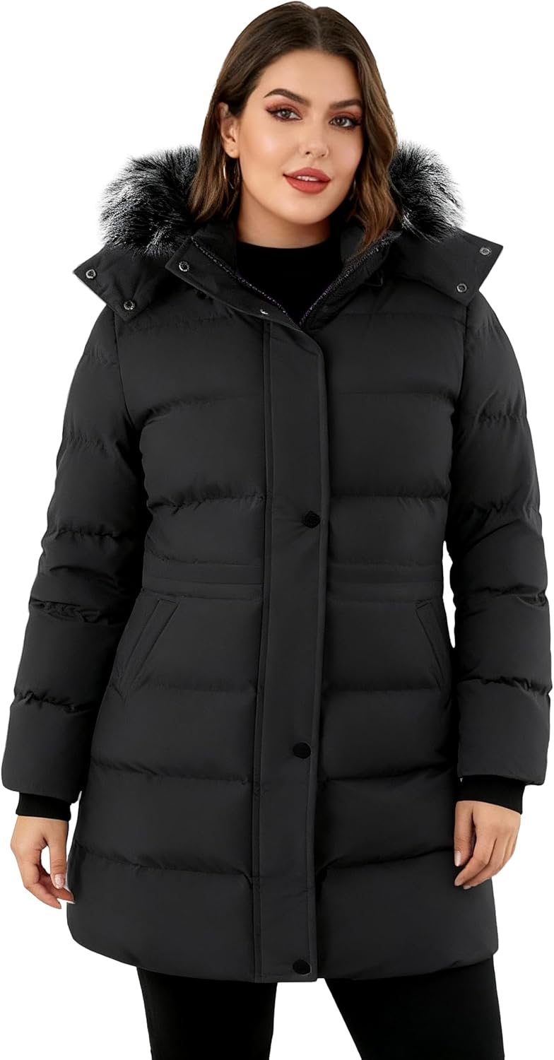 wantdo Women's Winter Coats Quilted Long Puffer Jacket Waterproof Hooded Coat - Image 2