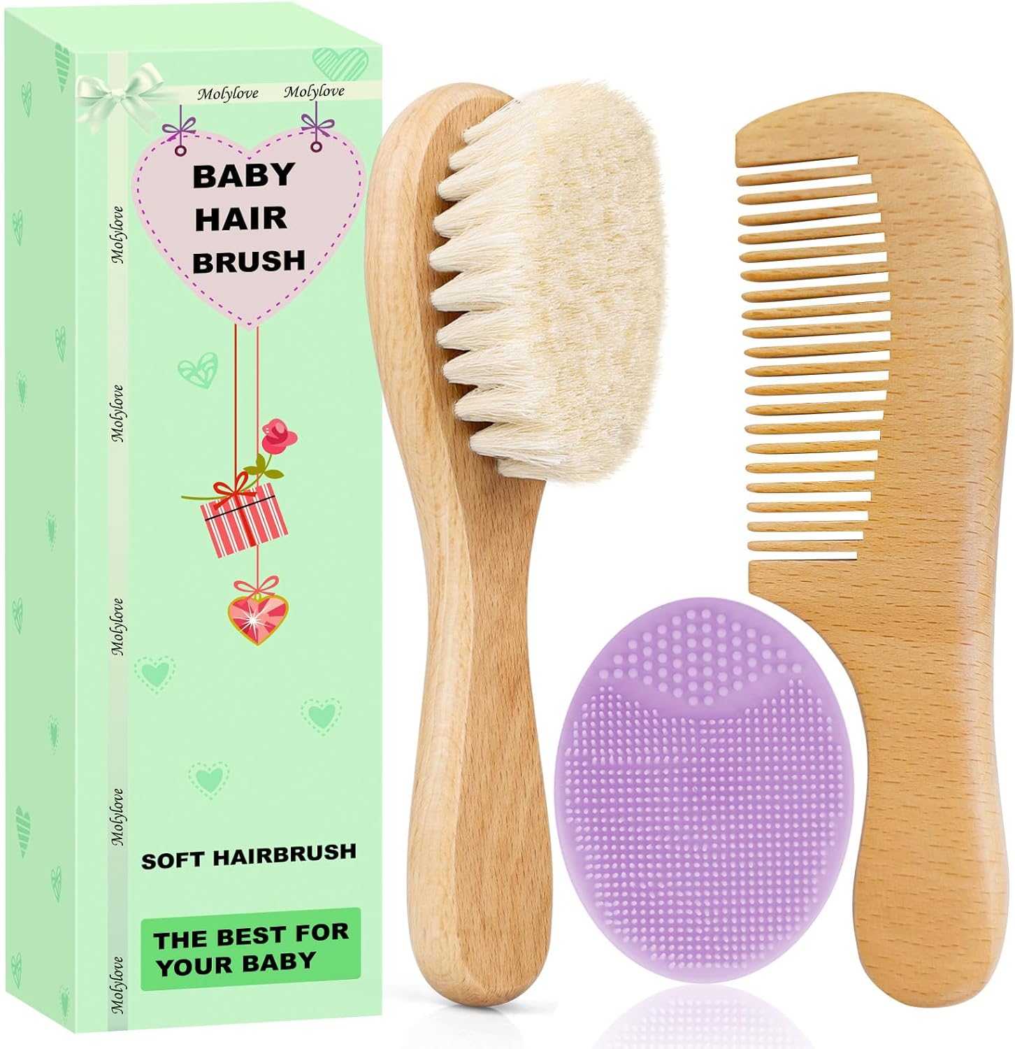 Molylove 3-Piece Baby Hair Brush & Comb Set: Soft Goat Bristles, Wood Comb, Purple Silicone Cradle Cap Brush for Newborns & Toddlers