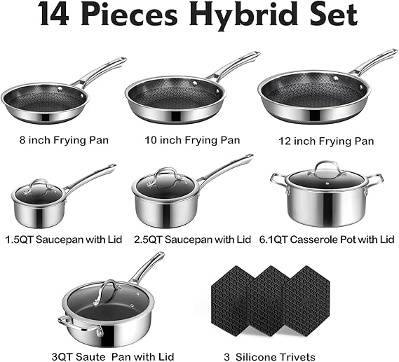 SNOWCLAD Pots and Pans Set Non Stick, 14 Pcs Hybrid Stainless Steel Cookware Sets, Non Stick Frying Pans, Saucepans, Saute Pan & Stock Pot, PFOA Free Kitchen Skillet,Induction Compatible