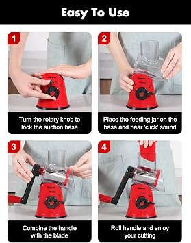 Geedel Rotary Cheese Grater Cheese Shredder with 5 Interchangeable Blades - Upgraded Rotary Grater Featuring Strong Suction Base for Cheese Shredding, Wavy Slicing, Nut Grinding, and Ice Shaving