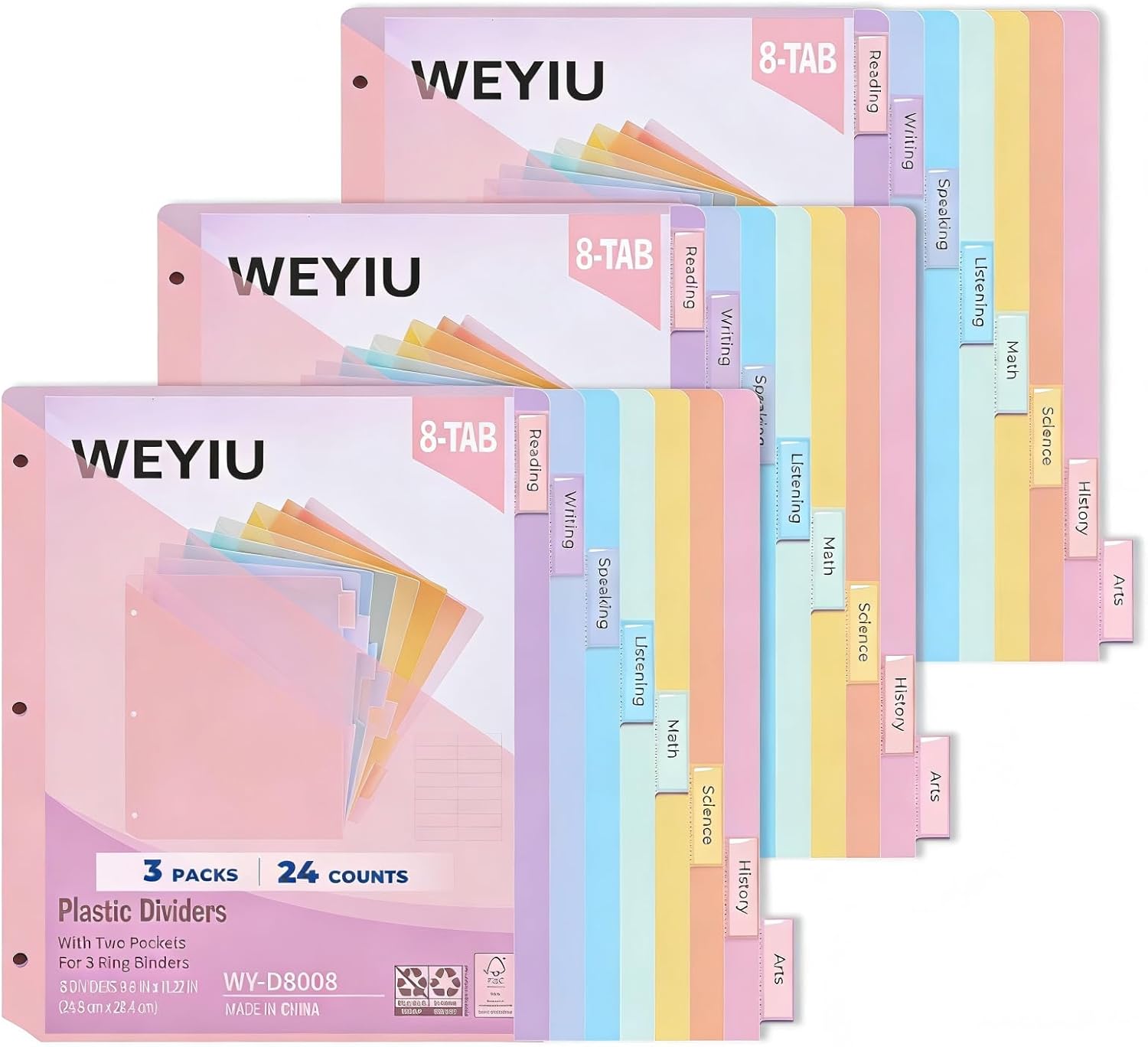8-Tabs Binder Dividers with Pockets, Plastic Index Dividers for US Letter Size in 0.5'', 1'', 2'', 3 inch Binders, Multicolor Tabs for Easy File Organization, School Office Supplies 8 Colors (12 Pack)
