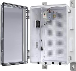 Outdoor Electrical Box with Thermostat and Fan, Ventilated Design, Cable Grommets, Indoor/Outdoor Use with Mounting Panel. (Clear Cover, 17.7"x13.7"x7.9")