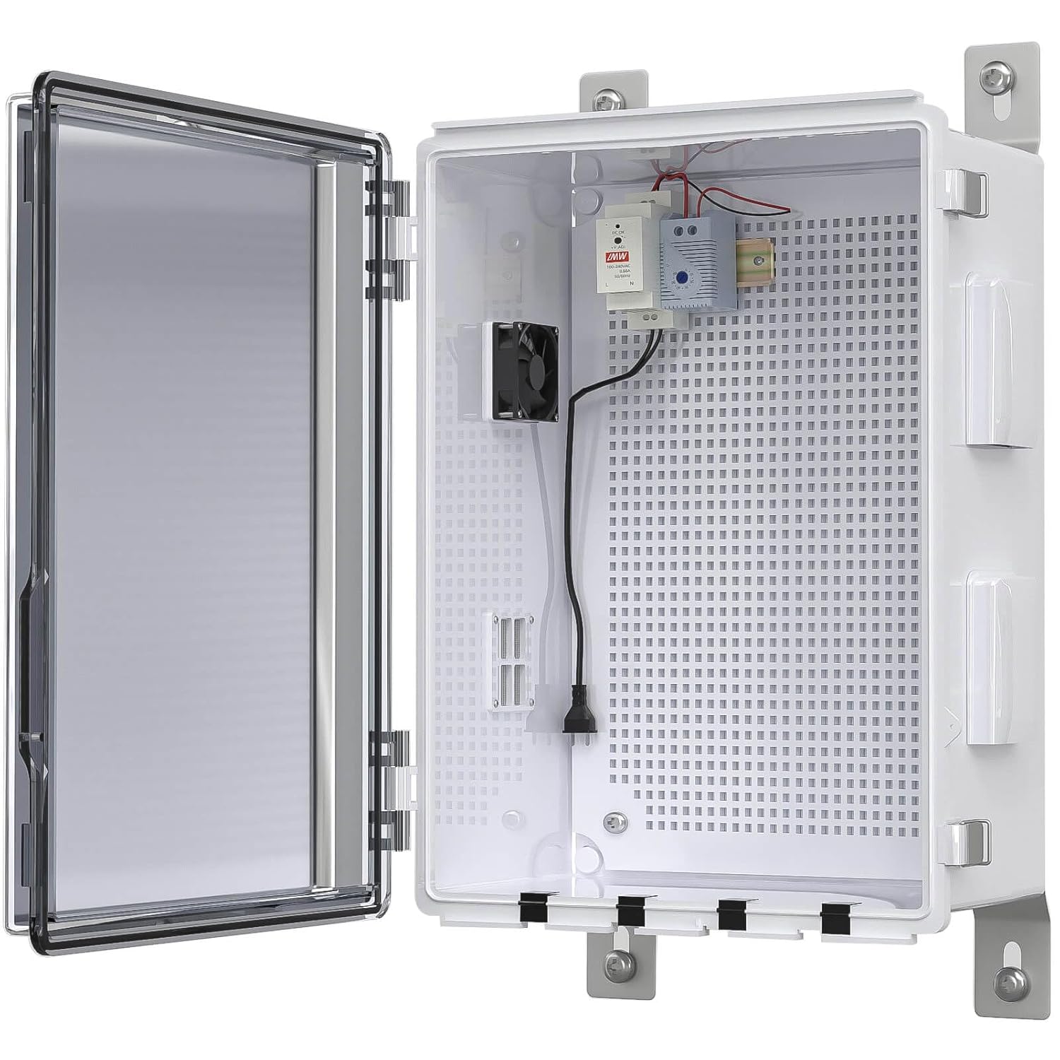 Outdoor Electrical Box with Thermostat and Fan, Ventilated Design, Cable Grommets, Indoor/Outdoor Use with Mounting Panel. (Clear Cover, 15.7"x11.8"x7.1")