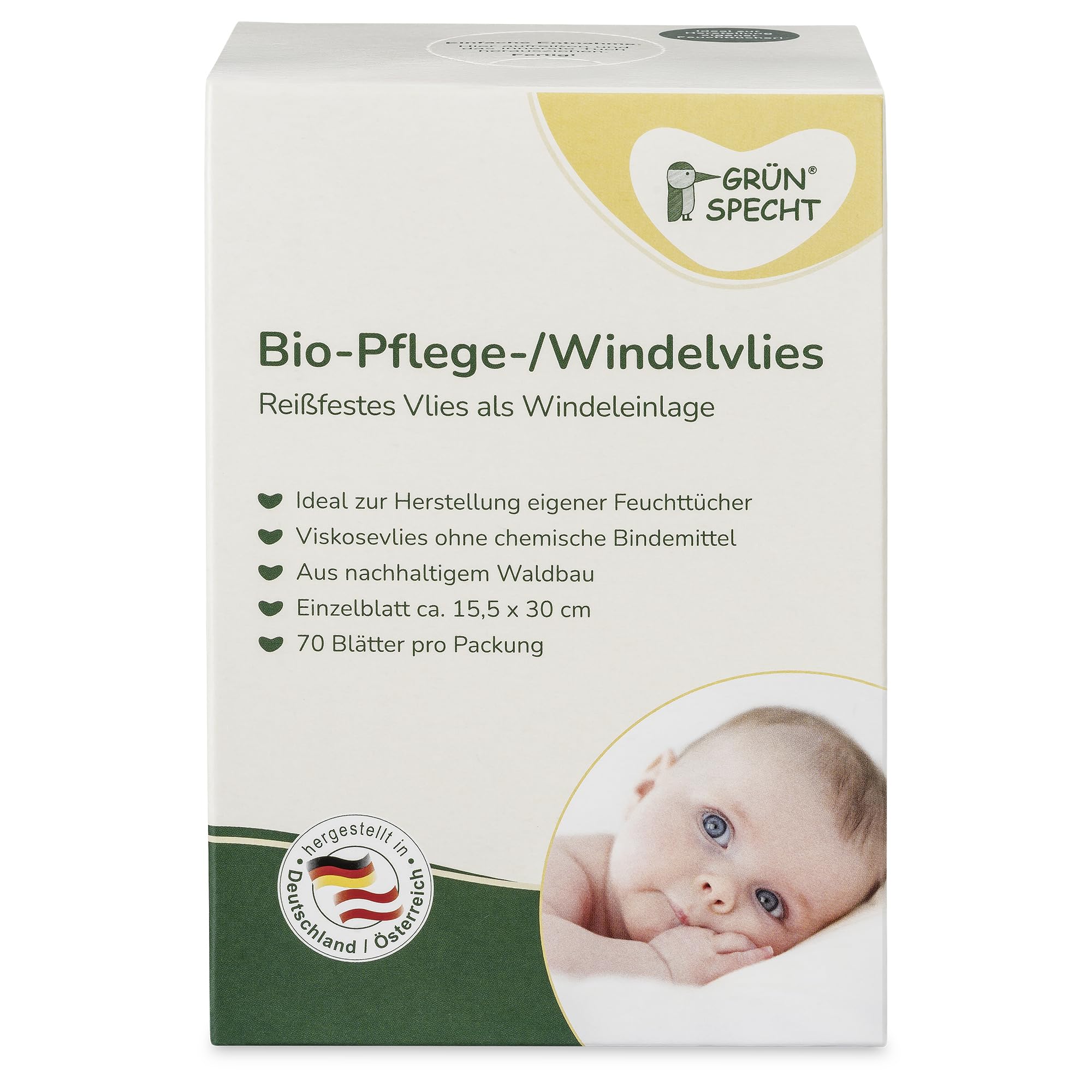 GRÜNSPECHT Bio-Pflege-/Windelvlies, Einlage für Stoffwindeln, 100% biologisch abbaubar, weich, reißfest & saugstark, Spendersystem für Wickeltisch, 70 Blätter (699-00)