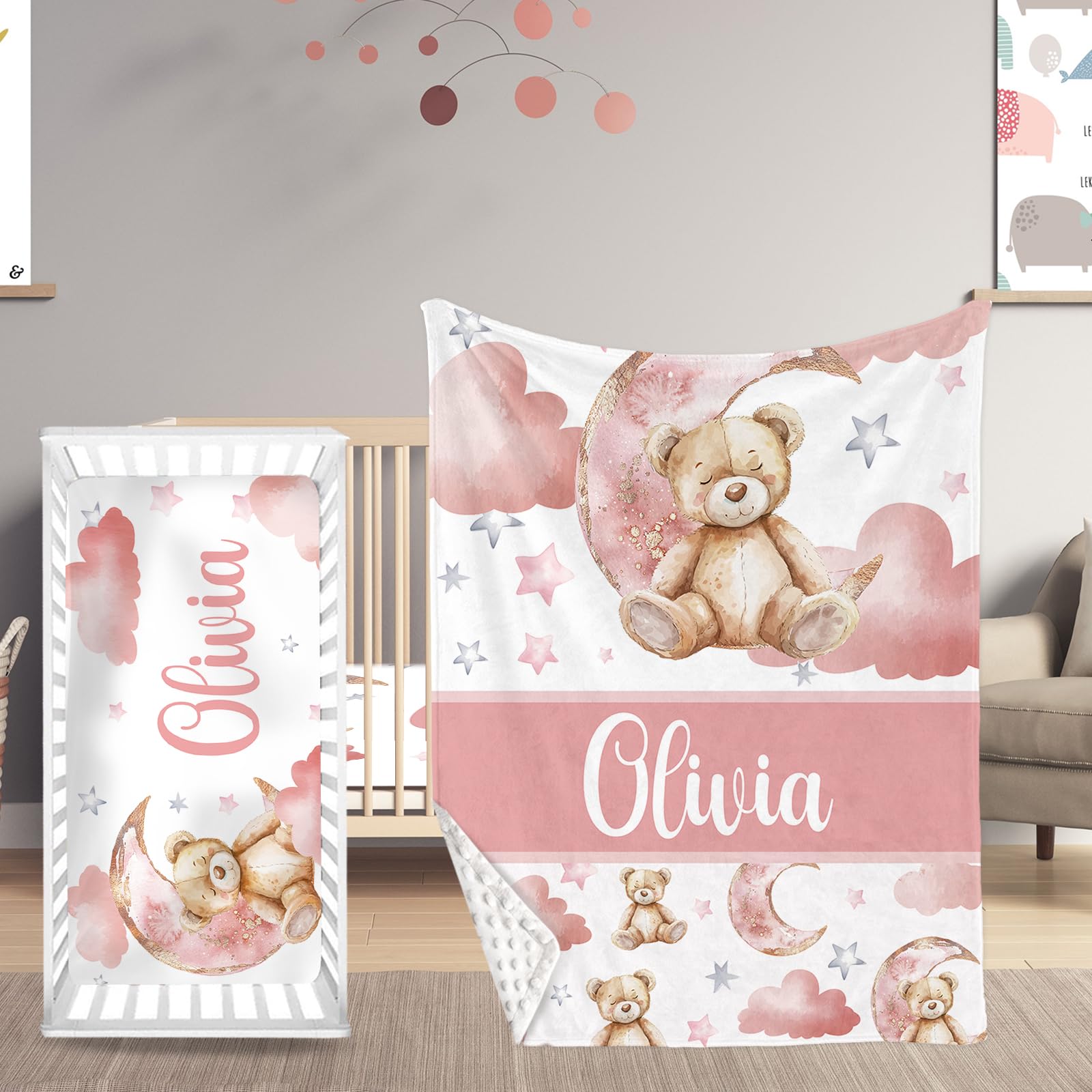 HSHRYY Personalized Name Baby Crib Bedding Set, Custom 2 Piece Set for Girls, Soft Blanket with Dotted Backing and Fitted Sheet, Perfect for Baby Newborn Shower Gift, Pink Bear with Moon