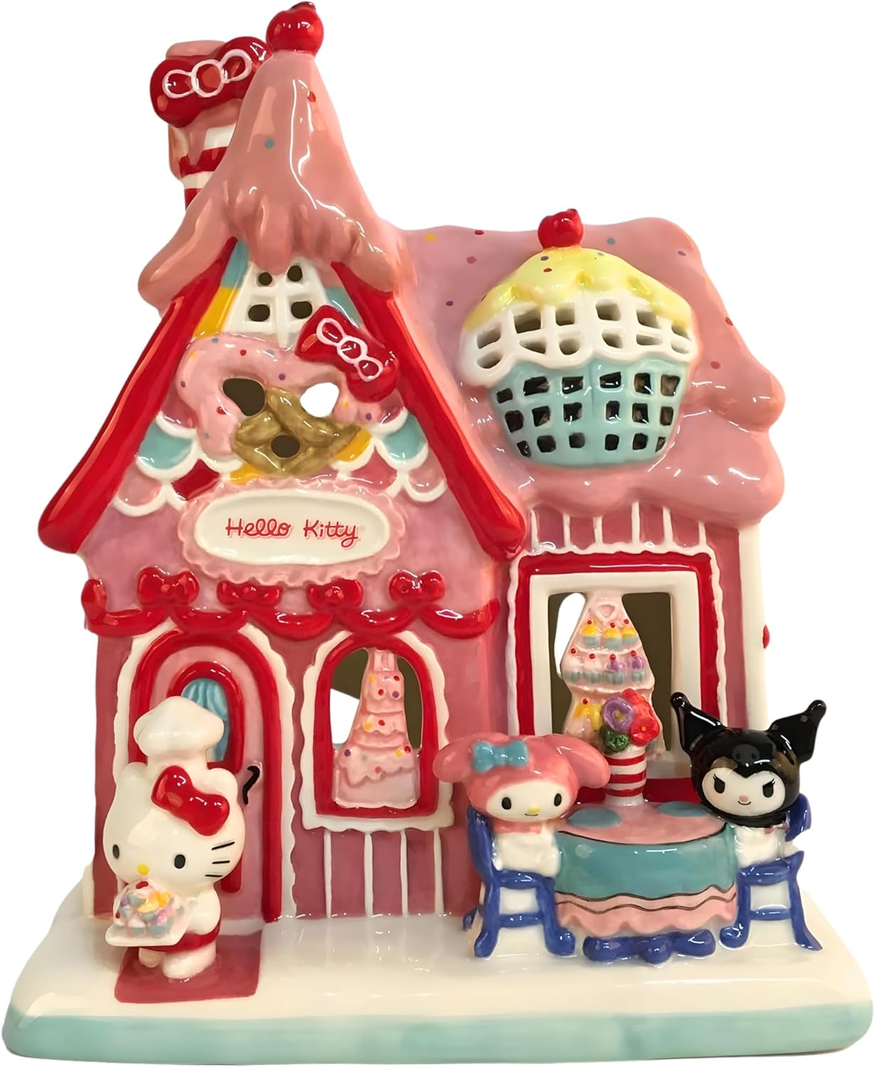 Blue Sky Clayworks Hello Kitty Birthday Bakery Candle House, Ceramic, 7" L x 6" W x 9" H, Sugar-Shop Window Glow