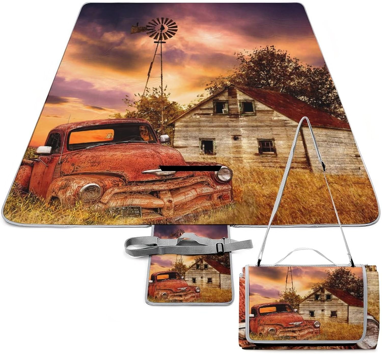 Rustic Farm Old Truck Adults Lightweight Waterproof Picnic Blanket Western Country Farmhouse Sunset Nature Scenery for Outdoor Beach Hiking Camping on Grass Waterproof Sandproof 58.3x58.3 Inch