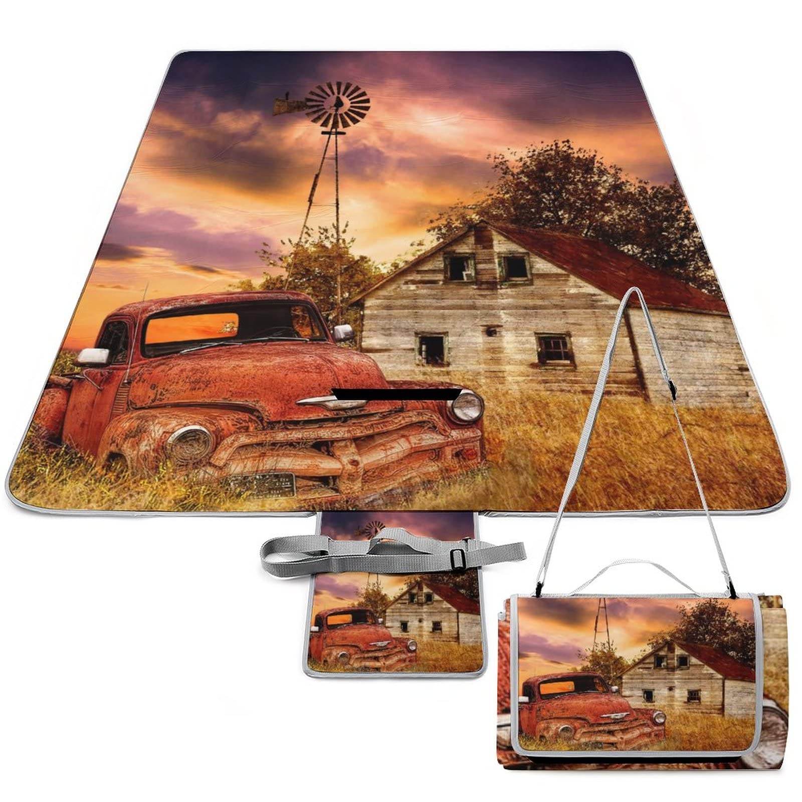 Rustic Farm Old Truck Adults Lightweight Waterproof Picnic Blanket Western Country Farmhouse Sunset Nature Scenery for Outdoor Beach Hiking Camping on Grass Waterproof Sandproof 58.3x58.3 Inch