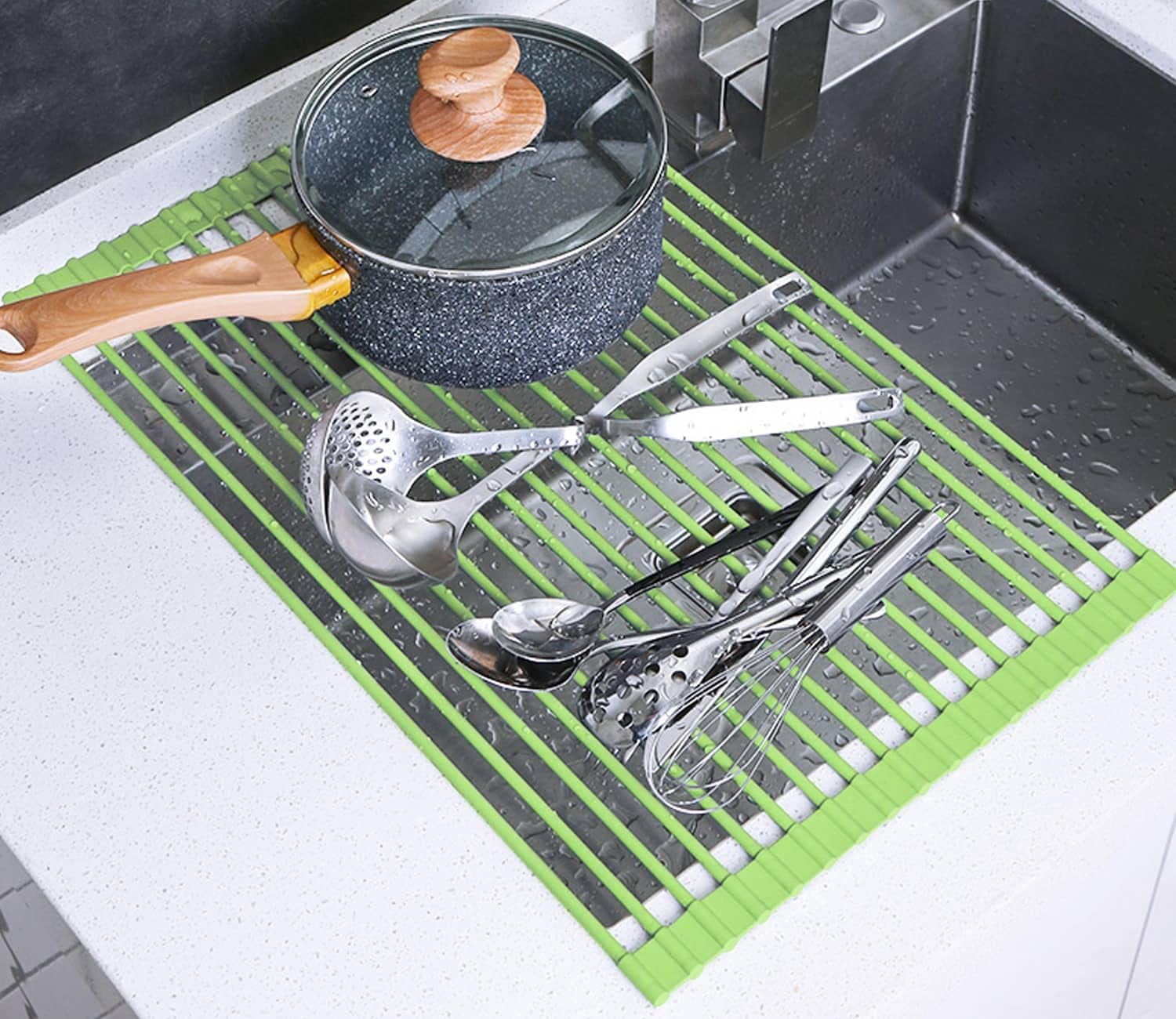 Geeyoung 20.5" x 13" Over The Sink Roll Up Dish Drying Rack - Food Safe Grade Silicone Wrapped Stainless Steel Dish Dying Rack - Foldable Roll Up Sink Drying Rack (Lime Green)