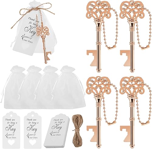 20 piezas de abrebotellas de esqueleto vintage con bolsas de organza, etiquetas de agradecimiento, cuerda de yute y cadenas, regalos perfectos de