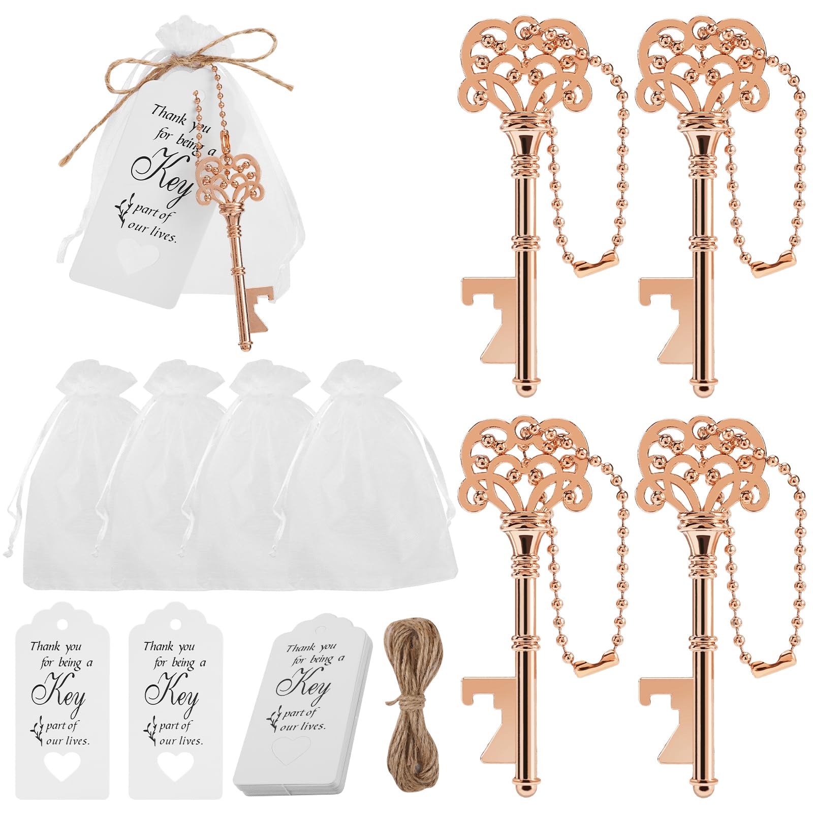 Orlabno 20 PCS Vintage Skeleton Key Bottle Opener with Organza Bags, Thank You Tags, Jute Rope and Chains - Perfect Wedding Party Favors and Baby