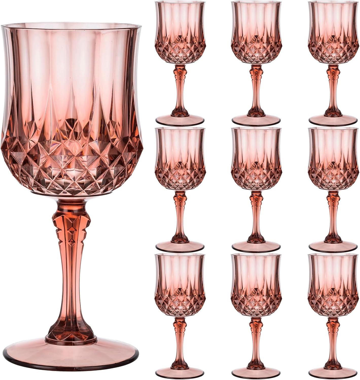 7OZ Plastic Wine Glasses, 10Pcs Rose Red Reusable Drinking Cups Vintage Champagne Flutes, Plastic Crystal Water Goblets for Parties Stemmed Shatterproof Drinking Glasses for Wedding, Toasting Party