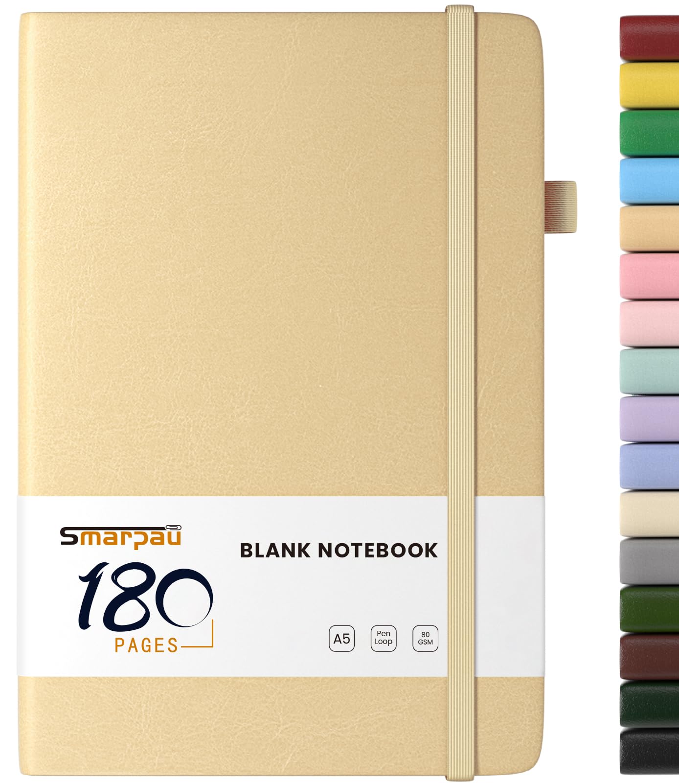 Smarpau A5 Unlinedd Notebook, 180 Pages Leather Blank Journal Notebook, No Bleed for Writing, Note Book for Sketch School Travel Women Men - Golden Yellow