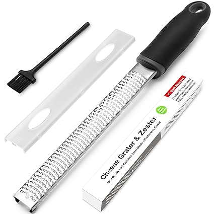 Kitchen Professional Cheese Grater Stainless Steel - Durable Rust-Proof Metal Lemon Zester Grater With Handle - Flat Handheld Grater For Cheese, Chocolate, Spices, And More - Black