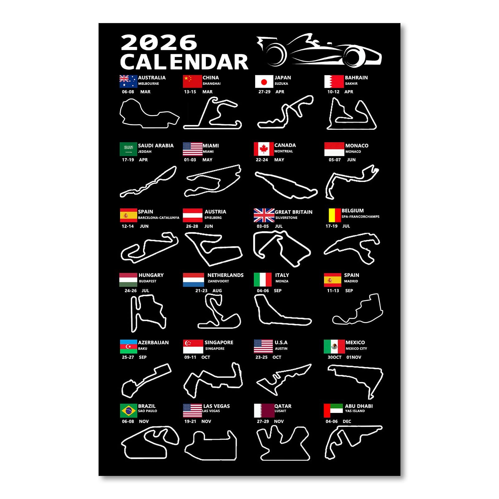 Formula 1 Gifts for F1 Calendar 2026 Poster, Canvas Posters for F1 Merchandise Display Track Layout and Timing Formula One Race Calendar Gifts for Men Women Fans Racing Enthusiasts, 30x20 cm