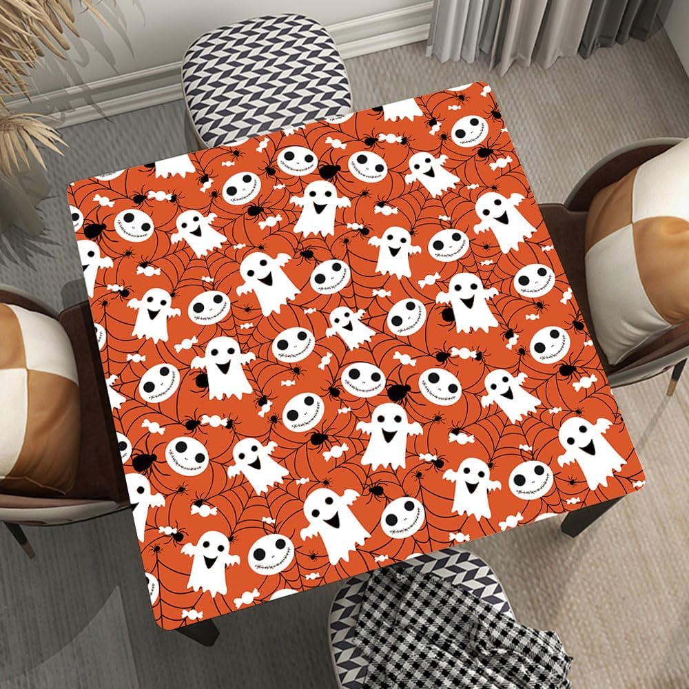 Elastic Edged Square Table Cloths Halloween Pattern with Pumpkins Background Fitted Table Covers for Party Picnic Garden Decor, Fitted for 60"x60" Square Table, Style 603