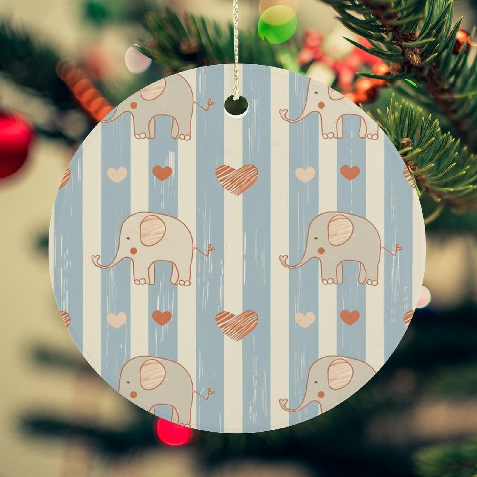 Stripes and Elephants Christmas Ornament for Christmas Tree Ceramic Round Ornament Winter Holiday Keepsake Gift 2.7" Christmas Tree Hanging Decorations Circle Ceramic Pendant Xmas Gift