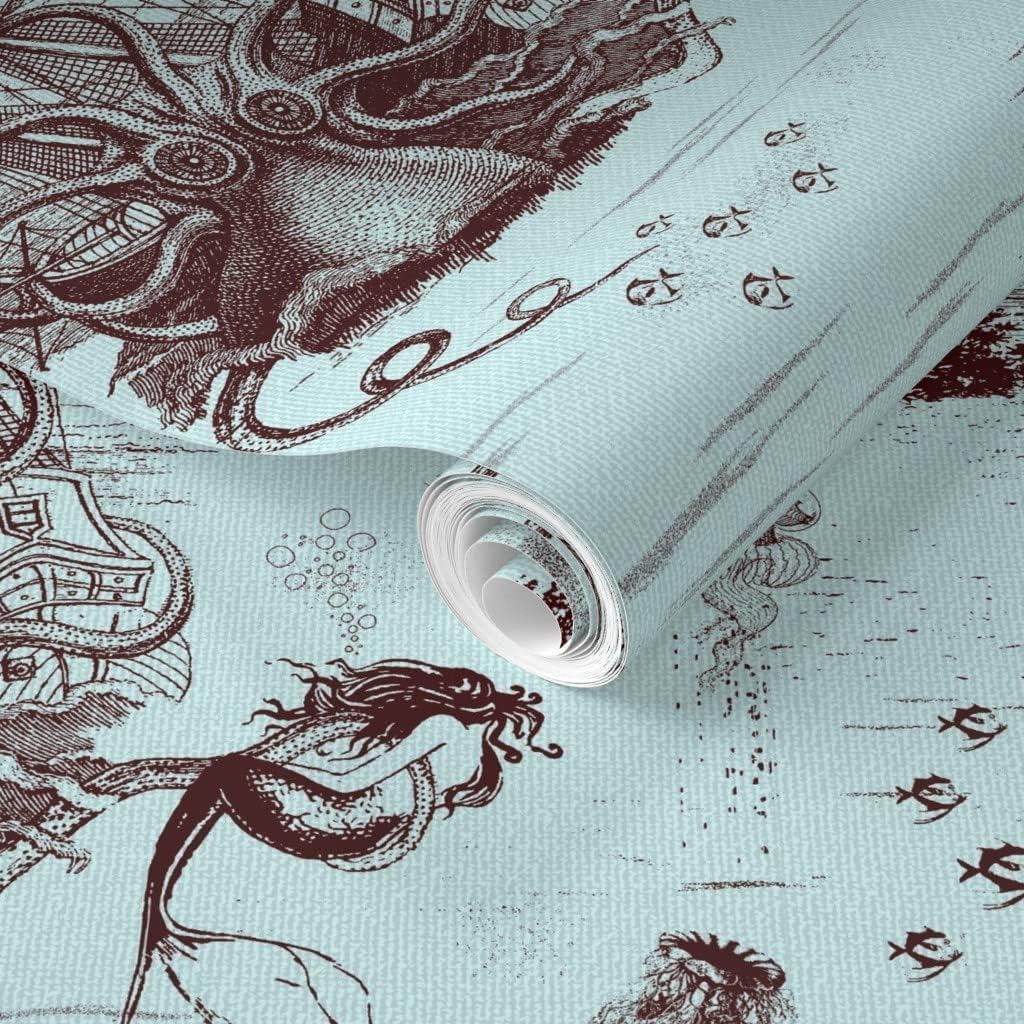 Removable Wallpaper 6ft x 2ft - Nautical Toile De Jouy Light Blue Steampunk Fantasy Sea Ocean Octopus Custom Pre-Pasted Wallpaper by Spoonflower