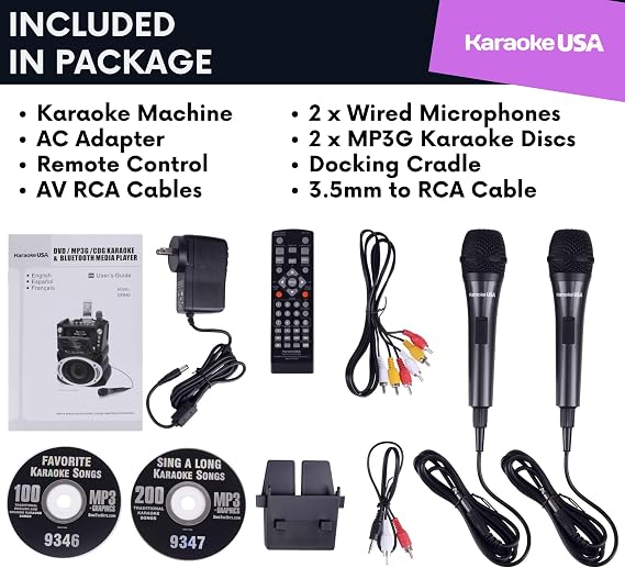 Karaoke Machine with Lyrics Display 7 Screen. CD+G, DVD, MP3+G, MP3, CD & USB. Wireless Bluetooth Speaker with LED Disco Lights. Includes 2 Wired Microphones and 2 Bonus Karaoke Discs By Karaoke USA