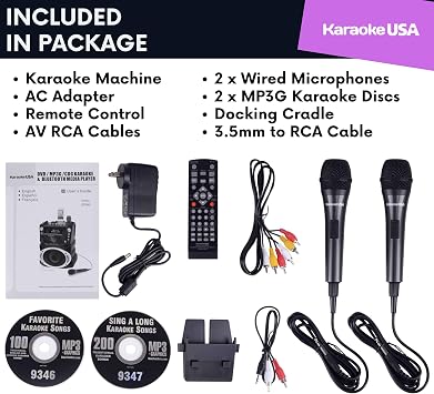 Karaoke Machine with Lyrics Display 7 Screen. CD+G, DVD, MP3+G, MP3, CD & USB. Wireless Bluetooth Speaker with LED Disco Lights. Includes 2 Wired Microphones and 2 Bonus Karaoke Discs By Karaoke USA