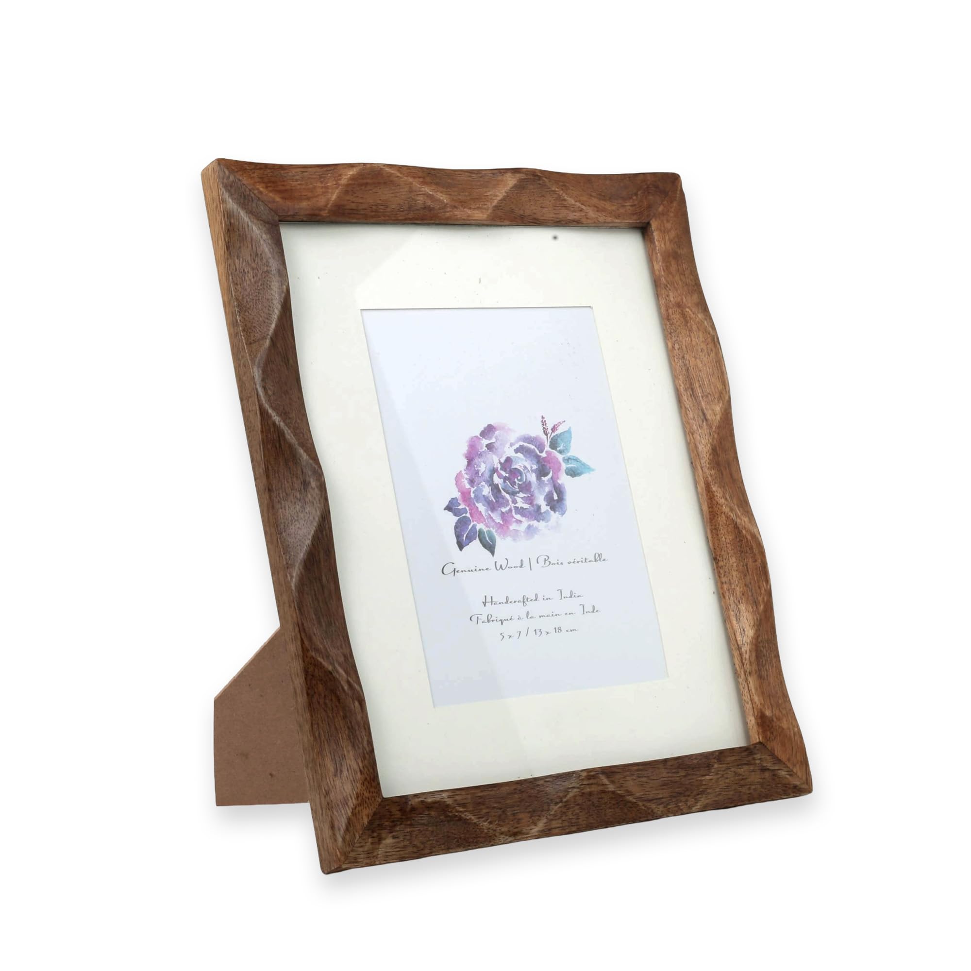 Edzzel White Geometric Faceted Hand-Carved Wood Picture Frame, 5X7 Natural Wood Photo Frame With Scalloped Edges, Modern Bohemian Decorative Frame For Tabletop Display, Made In India
