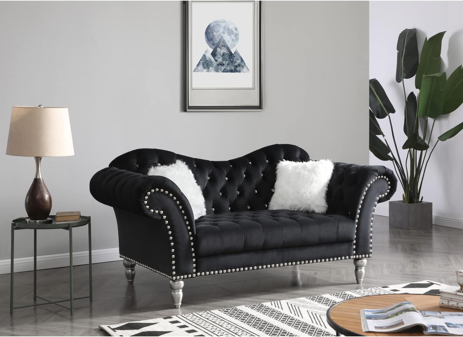 HomeStock Velvet Loveseat 75" Wide Tufted Upholstery with Nailhead Trim Blue