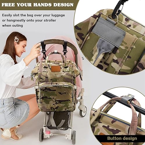 Miniatura 6 de LIMHOO Mochila para pañales para hombres y papá, bolsa de pañales de camuflaje de lona grande impermeable para el cuidado del bebé, Camuflaje,