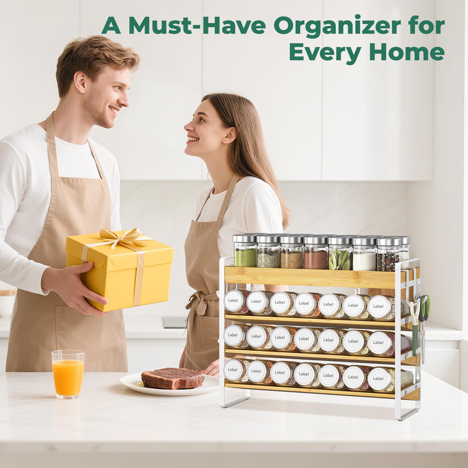 Organizador de condimentos para especias para encimera de cocina, 4 niveles de bambú para especias con 4 ganchos, soporte independiente montado en la pared para despensa, bambú blanco 8
